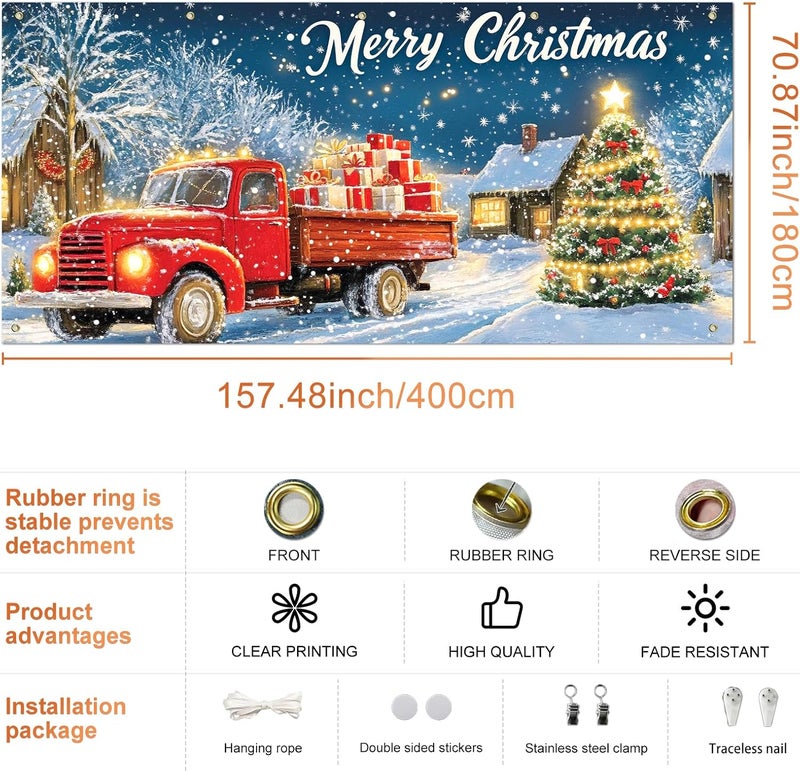 IVN Christmas Garage Door Banner 6x13 ft Red Vintage Truck with Gifts Backdrop Garage Door Covers Decorative Holiday Garage Door Cover Mural Snowy Christmas Tree Scene - Image 3